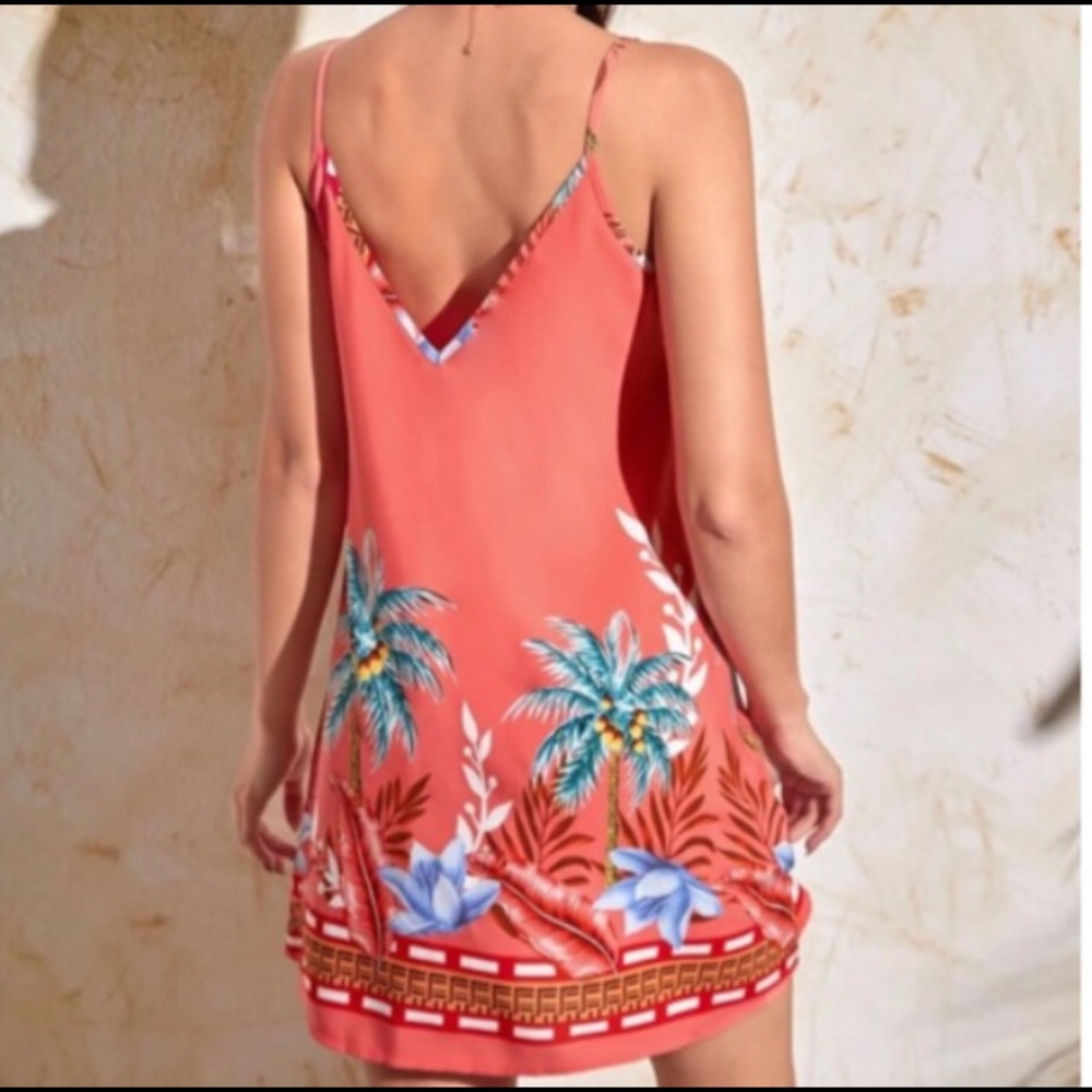 Coral/pink tropical spaghetti strap dress / resort dress - Picture 2 of 2